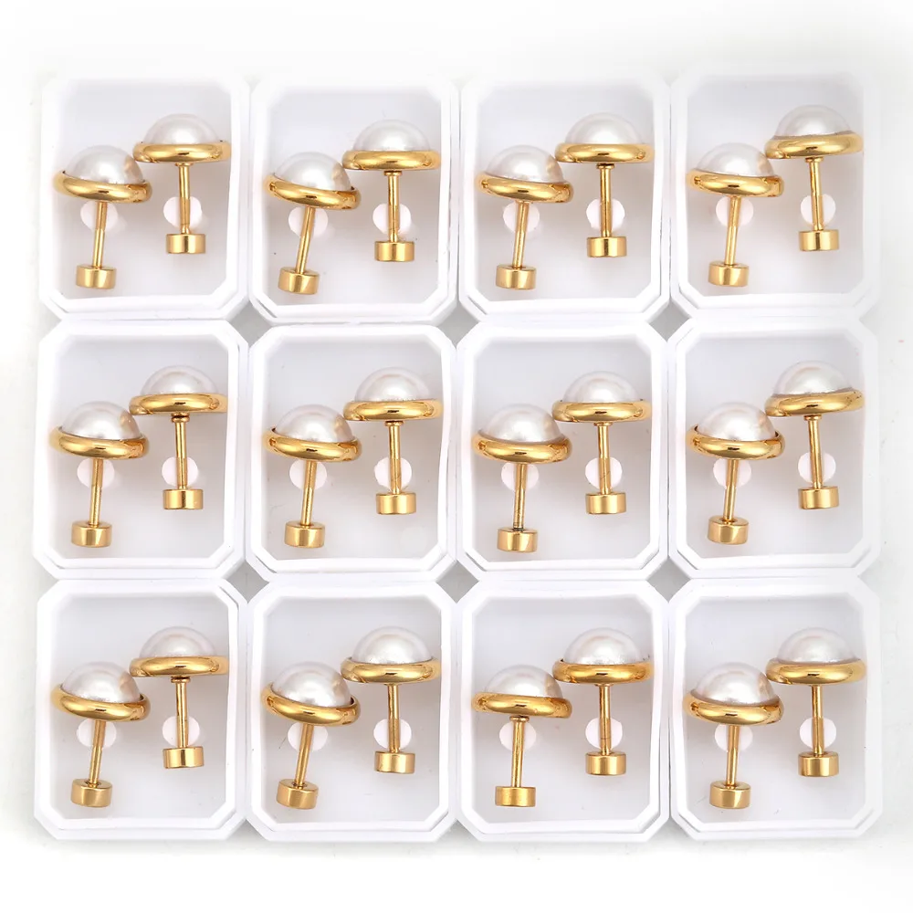 

316 Stainless Steel Ear Post Stud Earrings Gold Imitation Pearl Round Screwed Off 8mm/10mm ( 3/8") Dia., 1 Set ( 12 Pairs/Set)