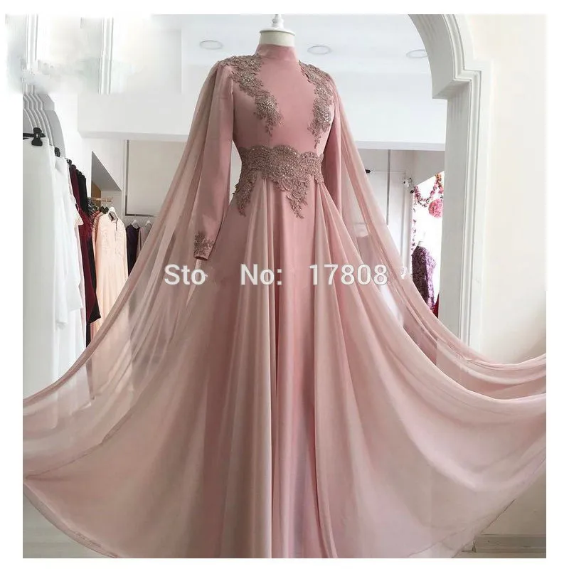

Pink Muslim Evening Dresses 2019 A-line Long Sleeves Chiffon Beaded Islamic Dubai Saudi Arabic Long Evening Gown Prom Dresses