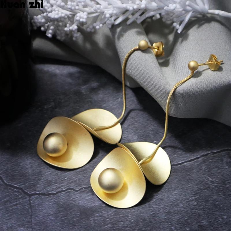 HUANZHI S925 Matte Metal Gold Double Layer Irregular Wave Twisted Circle Long Tassel Ball Earrings for Women Ear Line