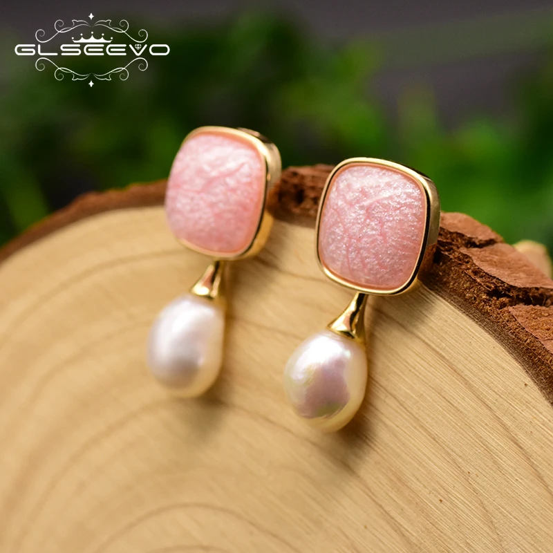 

GLSEEVO Natural Baroque Pearl Pink Colored Glass Stud Earrings For Women Engagement Dual Use Earrings Jewelry Orecchini GE0767E