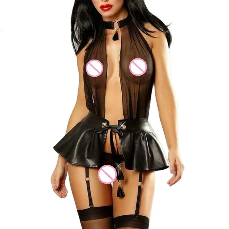 Сексуальное эротическое нижнее белье для женщин, Черное Кожаное сексуальное латексное платье Babydoll, для танцев на шесте, Lenceria, сексуальные костюмы, Порно Эротическое нижнее белье