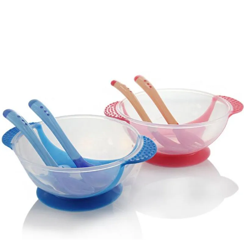 

3 PCS Baby Learnning Dishes With Suction Cup Assist food Bowl Temperature Sensing Spoon Drop Baby Spoon Bowl Set Baby Tableware