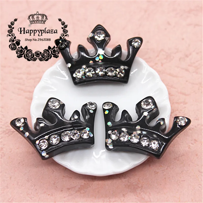 

10pcs Kawaii Black Resin Crown Shiny Crystal Rhinestone Flatback Cabochon Charm DIY Hair Bow Center Decoration,19*27mm
