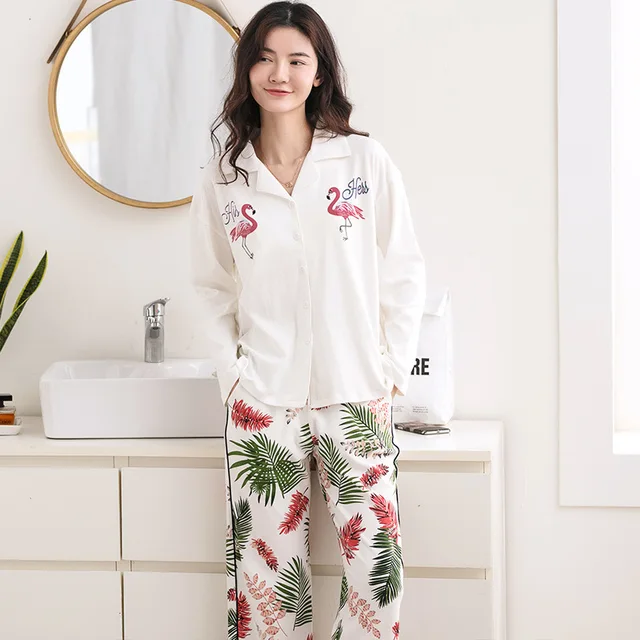 Cartoon Flamingo Spring Pajama Sets Mujer Pajamas Set Homewear Long Sleeve Elastic Waist Loose pyjamas Feminino pyjamas S89208