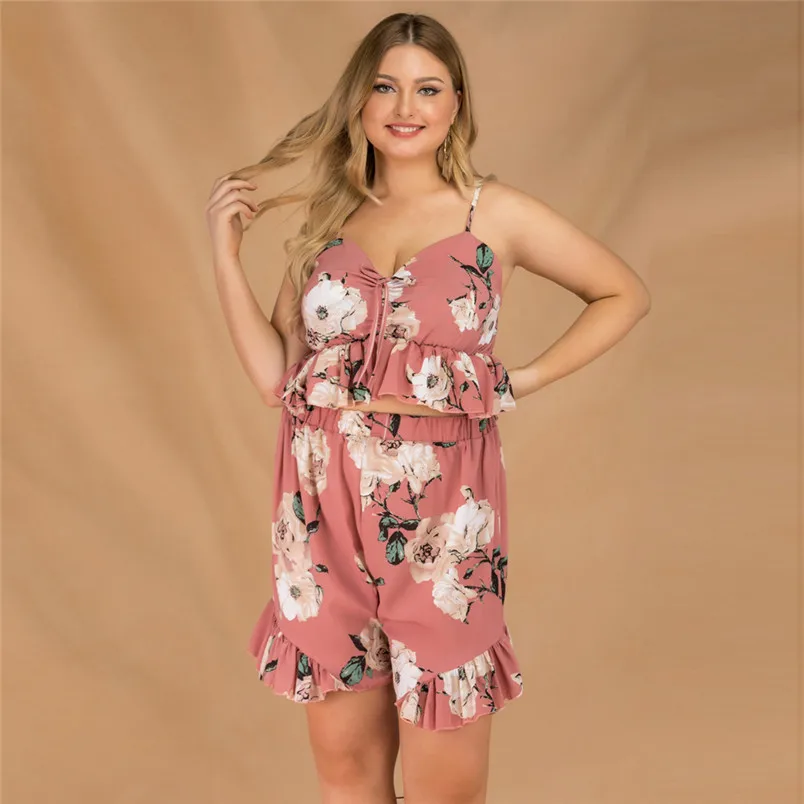 Two Pieces Womens Fashion Print Plus Size Sleeveless V-Neck Top Camis Short Loose Short Pants Suit Conjuntos De Mujer 40JU06 (7)