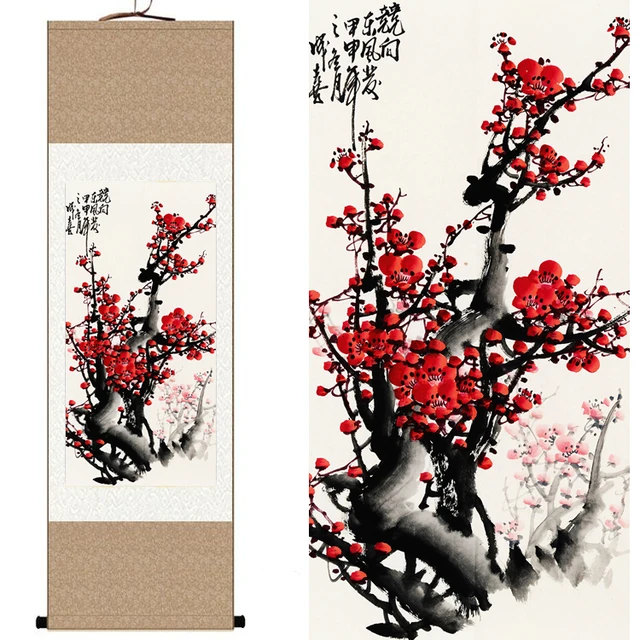 Chinese Silk watercolor flower birds ink red lucky Plum flower feng shui art canvas wall damask