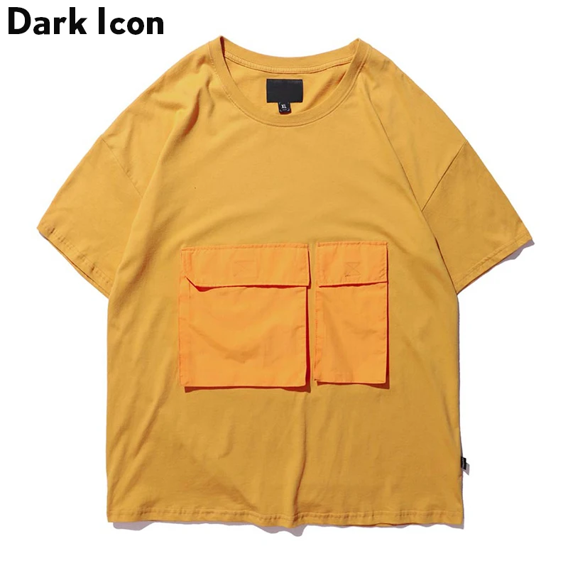 

Dark Icon Pocket Cargo T-shirt Men Round Neck Solid Color Hip Hop Tshirts Cotton Street Tee Shirts Black White