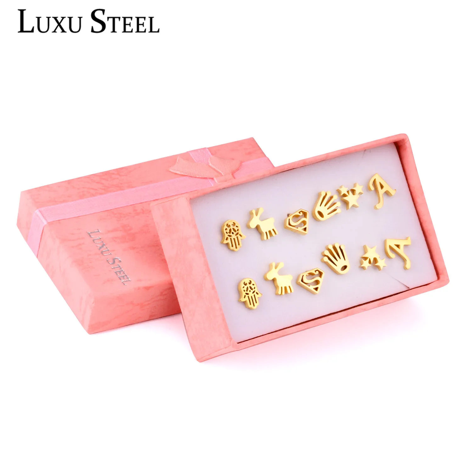 

LUXUSTEEL Earring Sets 6 Pairs Gold/Silver Letter/Star/Hand/Animals Shape Stud Earring Sets For Women/Girl Wholesale Female