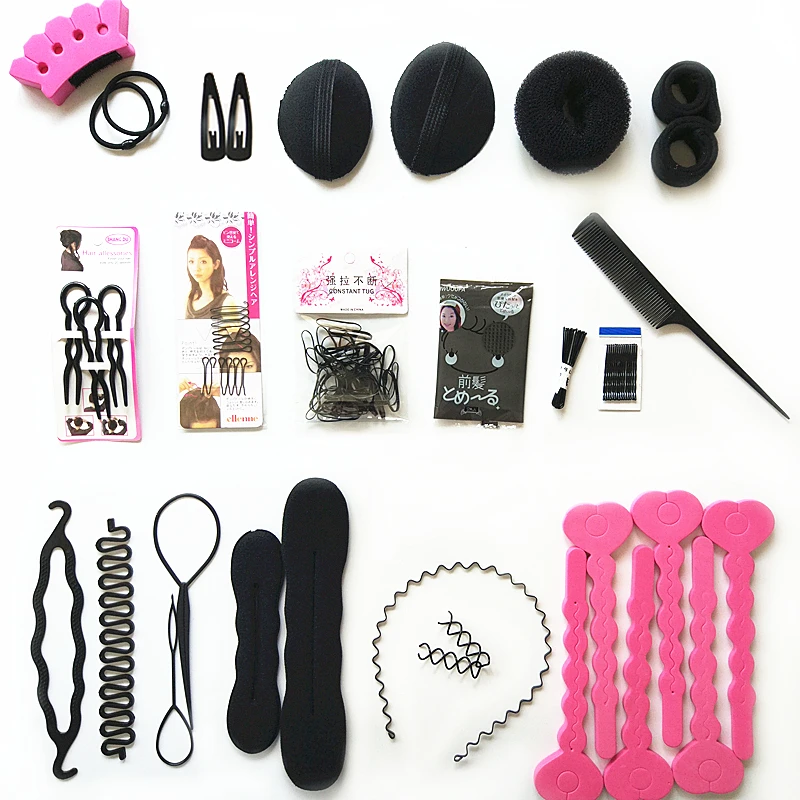 20 различных типа аксессуары для волос комплект плетельной пончик зажим для волос комплект для Для женщин Обувь для девочек резинкой галстук Магия Волос Бун заколки