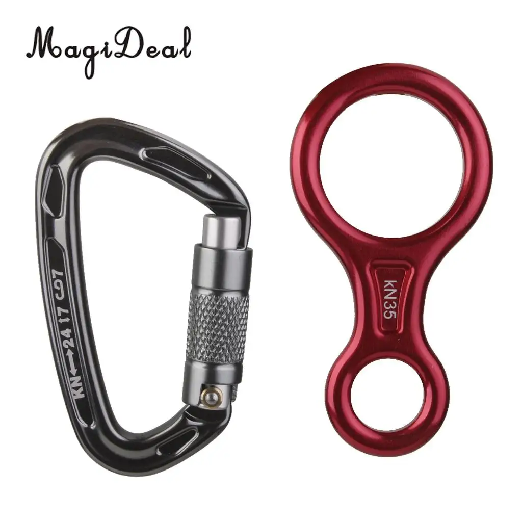 MagiDeal 24KN Screw Lock Climbing Carabiner + 35KN Figure 8 Abseil Rope Descender