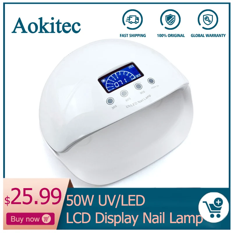 

Aokitec 50W UV 30 LED Nail Lamp for Gel Polish with 3 Timer Setting Sensor Nail Dryer Dual Light LCD Display Lamp for Manicure