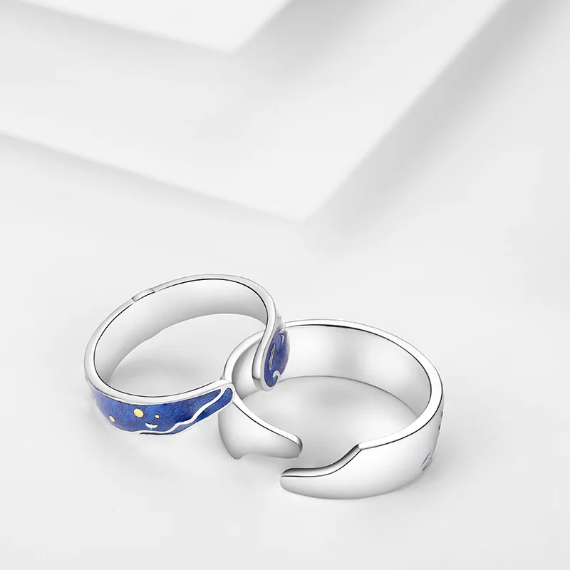 Qevila Jewelry Rings Genuine 925 Silver Van Gogh's Glitter Sky Gold Moon Star Enamel Canvas Finger Ring Romantic for Women Lover (12)