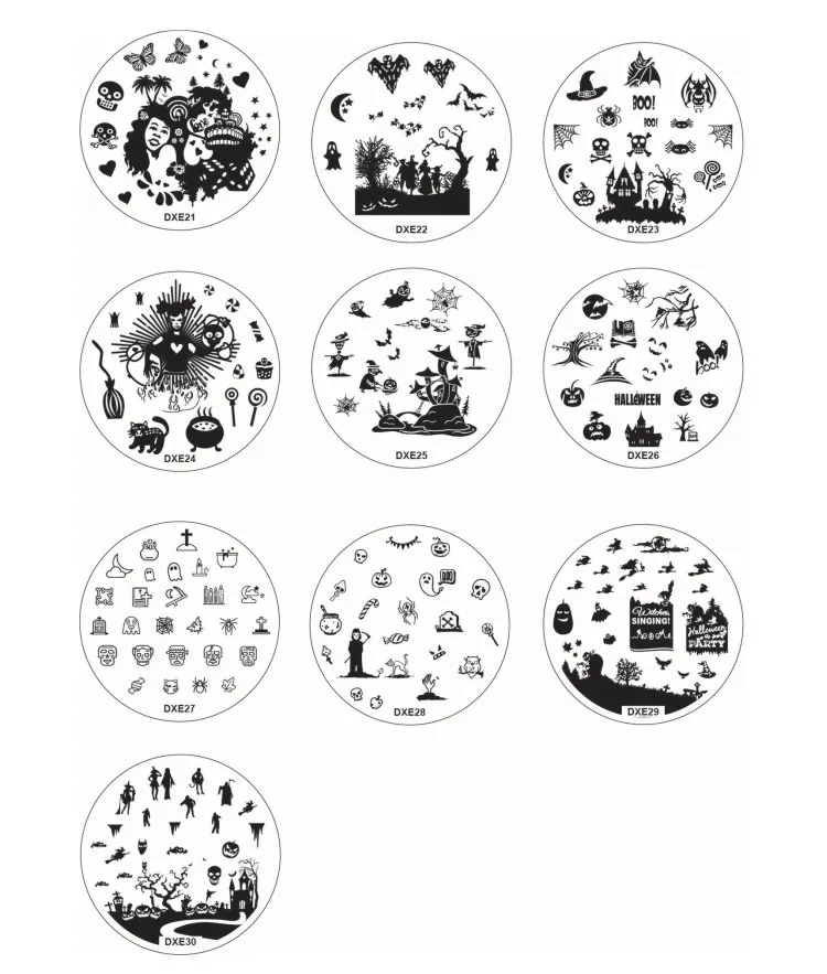 Arte do Unha Dia das Bruxas Placas de Aço + 1 Redondo Inoxidável Carimbo Placa Geléia Stamper Raspador Faça Você Mesmo Polonês Modelos Unhas Kit 10 3 + 1 geléia stamper raspador diy polonês modelos unhas kit