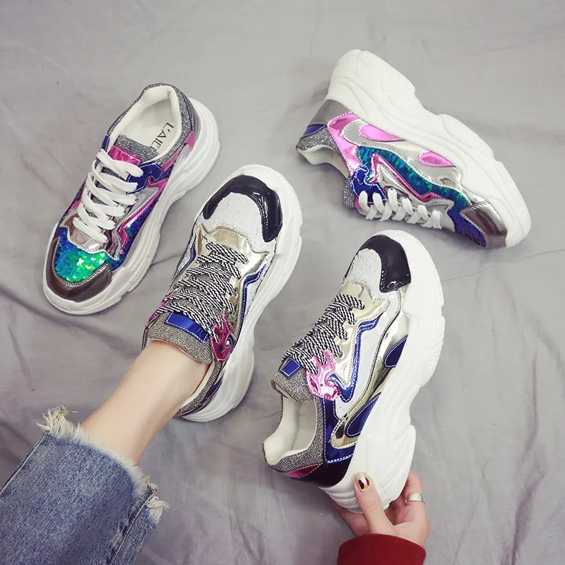 

Spring New Chunky Sneakers Women Harajuku Platform Bling Casual Dad Shoes Thick Sole Heightening Shoes Braised Shoes QDD-144
