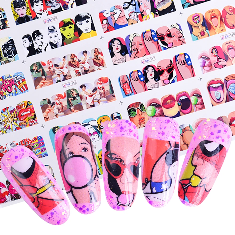 12 Styles Sexy Cute Lips Mouth Slider Nail Sticker Water Tranfer Decals Full Cover Fashion Colorful Decorations TRBN349 360|stickers water|nail