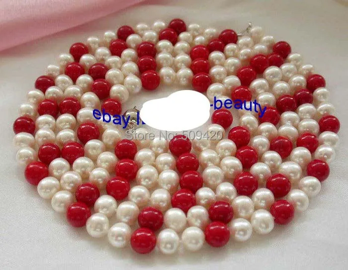 

Free Shipping >>stunning long 8mm round white freshwater pearls red coral necklace 50