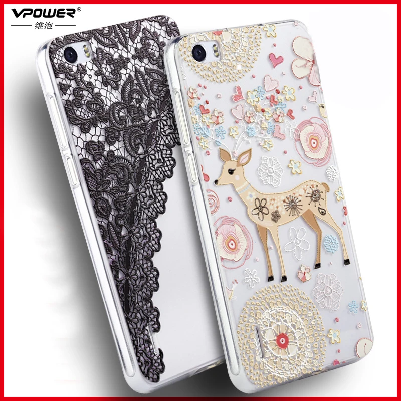 for huawei honor 6 case Vpower 3d relief soft Transparent back cover for huawei honor6 Case house + finger ring holder