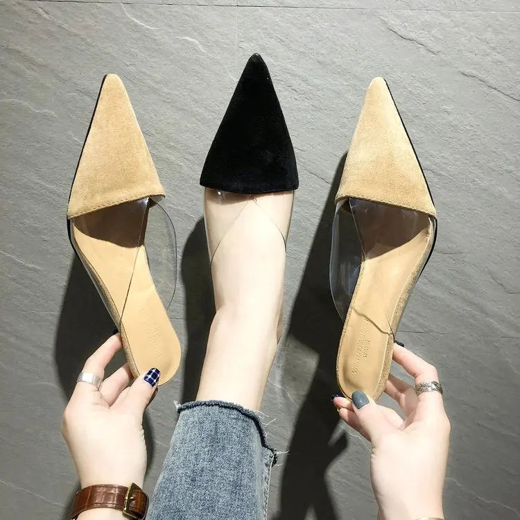 

2019 summer wild transparent film color matching suede pointed stiletto sandals high heels women