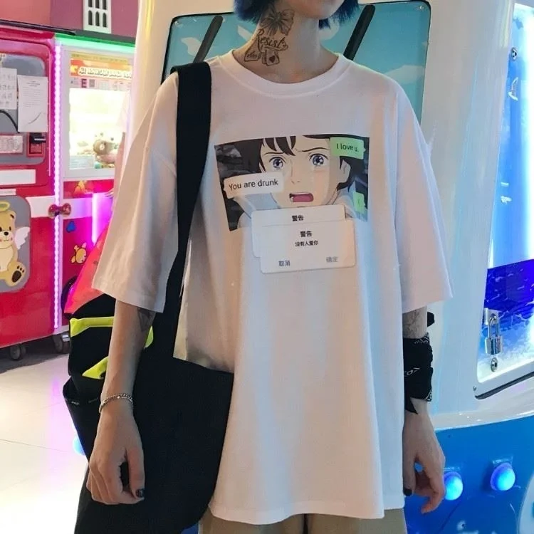 

sunfiz HJN Japanese Fashion Anime Text Aesthetic T-Shirt Korean Ulzzang Oversize Kawaii Printed Tee Hipster Grunge Clothing