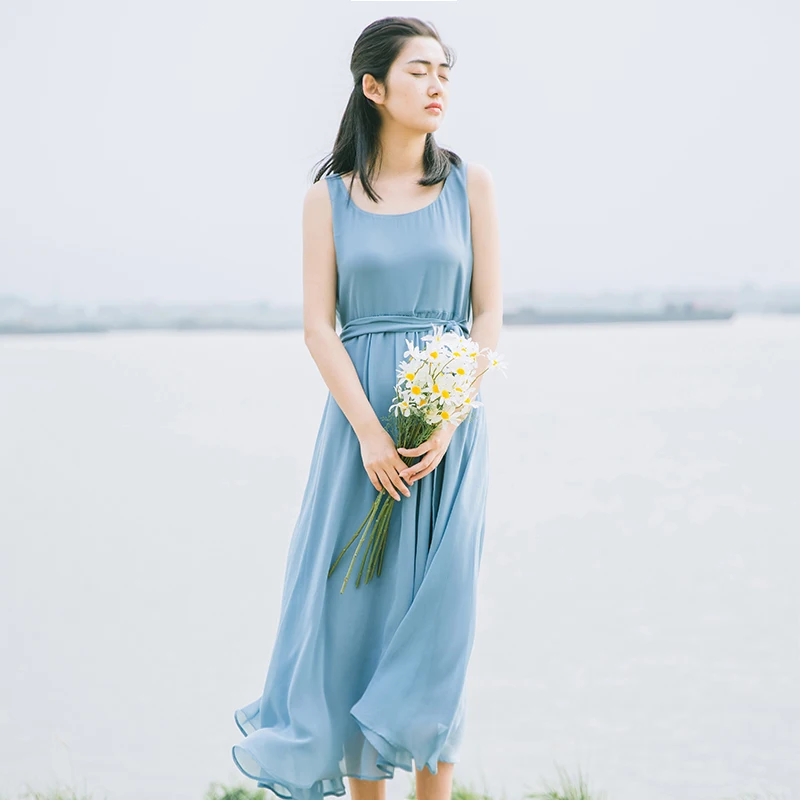 Customize Summer Fashion Women Retro Vintage Cute Long Dress Ladies Plus Size Sweet Sleeveless High Waist Mid-Calf Dresses