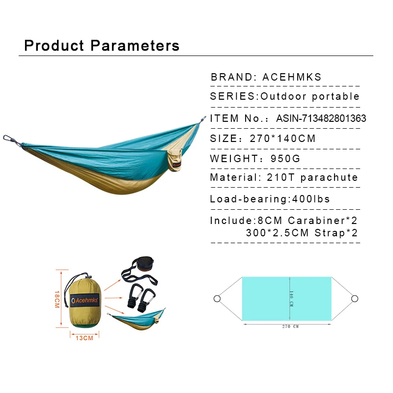 Acehmks алюминиевый сплав Кнопка кемпинг гамак качели 270 см* 140 см один Открытый Портативный Сверхлегкий нейлоновый гамак из парашютной ткани
