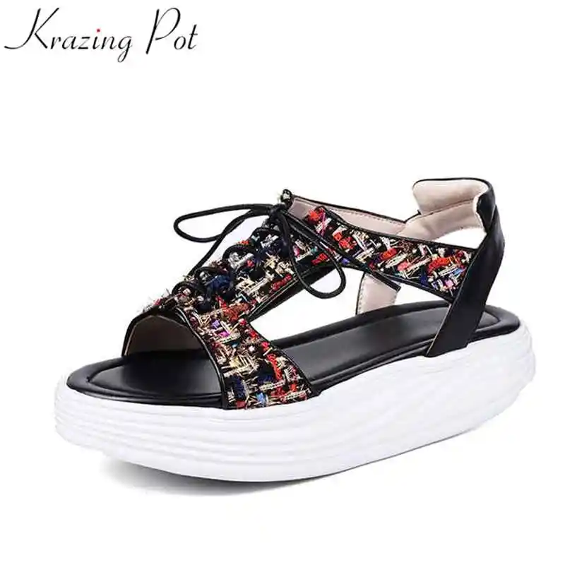 

Krazing Pot mixed colors pop gladiator Unique design med bottom lace up waterproof wedge campus sweet woman leather sandals L63