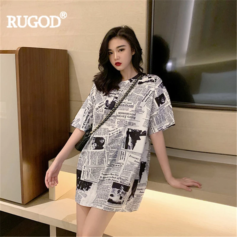Женская футболка с короткими рукавами RUGOD модная длинная круглым вырезом и