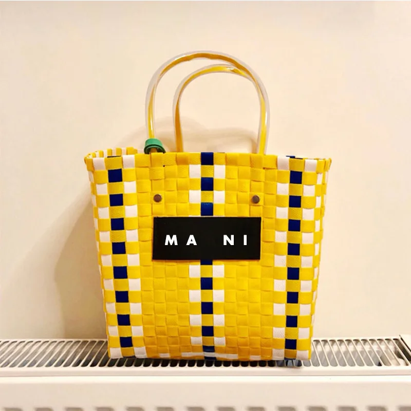 

Ins Hot Summer Beach Basket Patchwork Striped Hand Knitted Color Casual Women Handbag Totes Trend Fashion PVC Bag