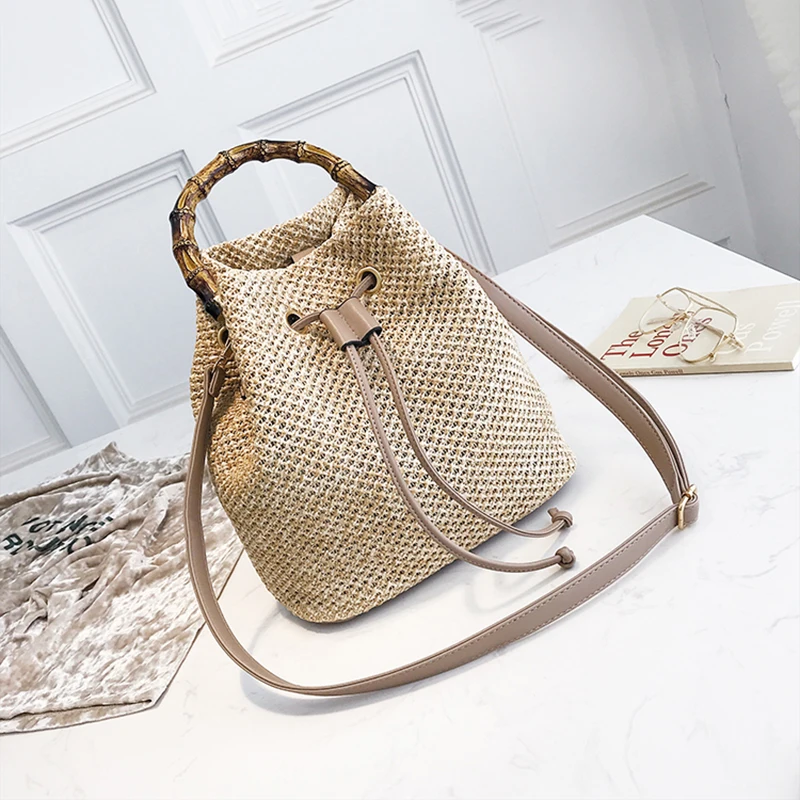 LJL New Drawstring Women's Straw Bucket Bag Summer Woven Shoulder Bags Shopping Purse Beach Handbag Straw Handbags Travel Bag