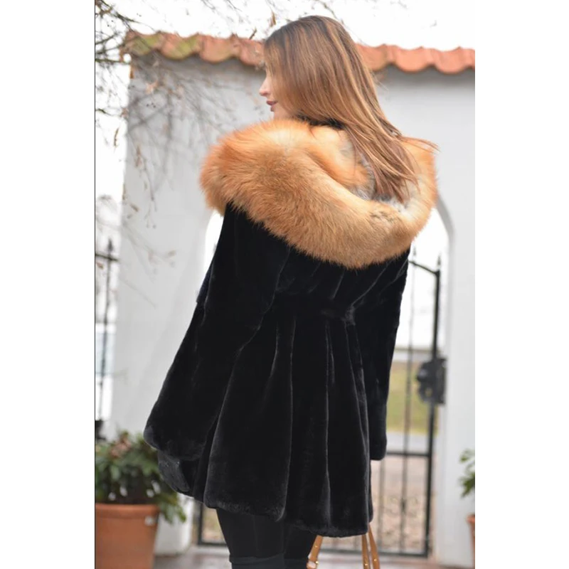 Slim Winter Tops Real Fur From Nature Rex Rabbit Fur Coat Overcoats With Silver Fox Hood Oversized Red Fox Jacket For Women 2018
