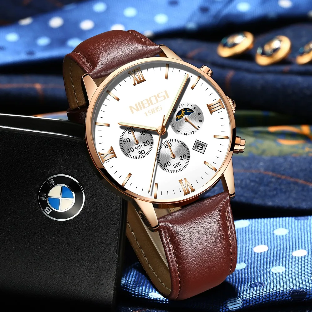 Montre Homme Marque De Luxe NIBOSI 2018 Men Watch Brand Luxury Leather Watch Men Waterproof With Moon Phase Blue Man Clock Saat  (12)