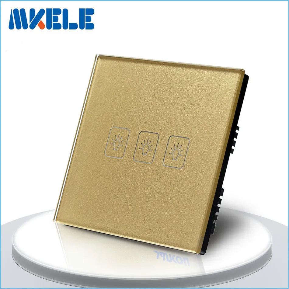 

Touch Switch 3 Gang 1 Way UK Standard Gold Touch Screen wall switch wall socket for lamp