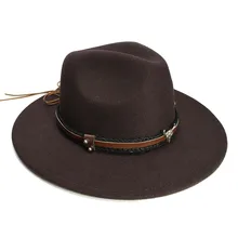 LUCKYLIANJI Ретро Женская Мужская винтажная шерсть широкополая шляпа Федора панама джаз котелок шляпа голова быка кожаный ремешок(57 см/регулируется