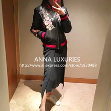 ANNA HELIUM 2016 Autumn/Winter Vogue Collection Heavy Flower Butterfly Bee Embroidery Faux Leather jacket Free Shipping s217