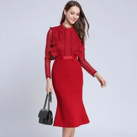 

HIGH QUALITY Newest 2019 Designer Runway Red Dress Office Women's Long Sleeve Lace Patchwork Mermaid Party Dress LJ259