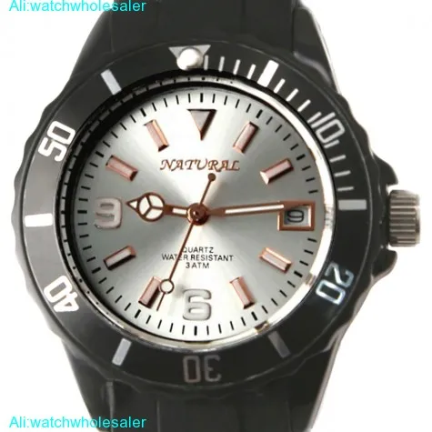 FW893A NATURAL Round Silicone Black Band Water Resistant with date Fashion Watch
