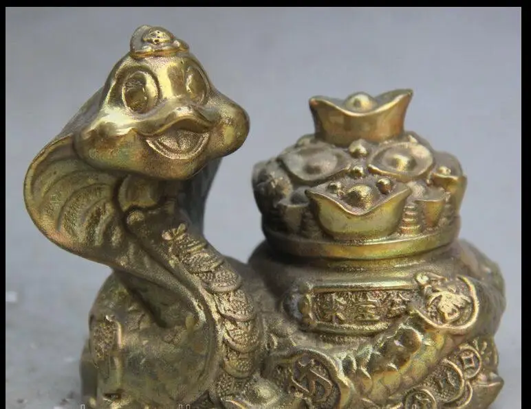 

88006136<<<4" China Fengshui Brass Beauty Snake Treasure Bowl Good Lucky Sculpture Statue