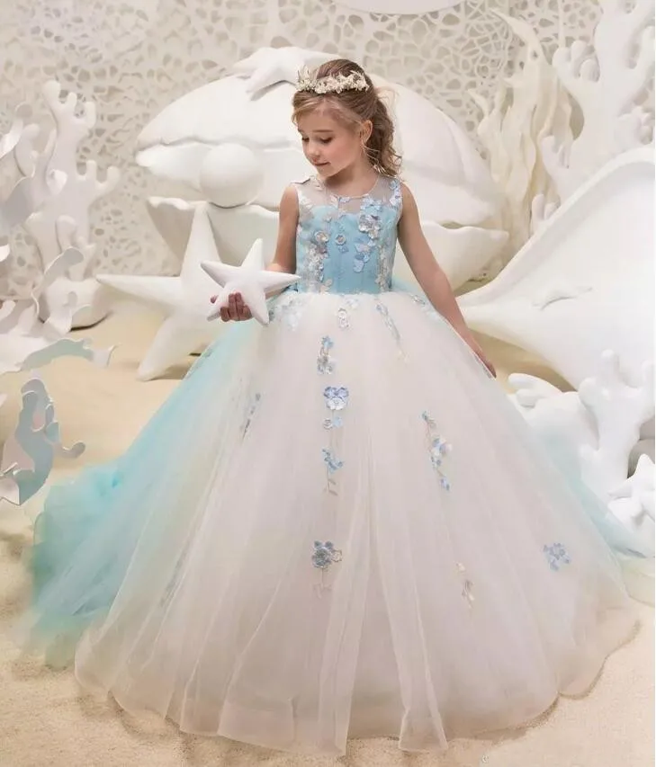 

Princess Two Colors Ivory and Light Sky Blue Girls Pageant Dresses Jewel Neck Lace Tulle Corset Back Flower Girl Dress Ball Gown