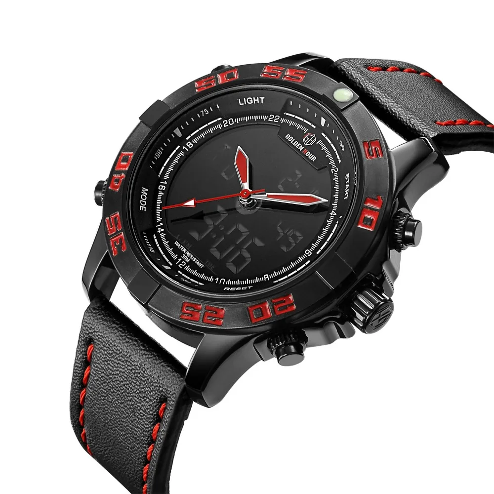 GOLDENHOUR Fashion Sport Dual Time Watch Men Chronograph Calendar LED
