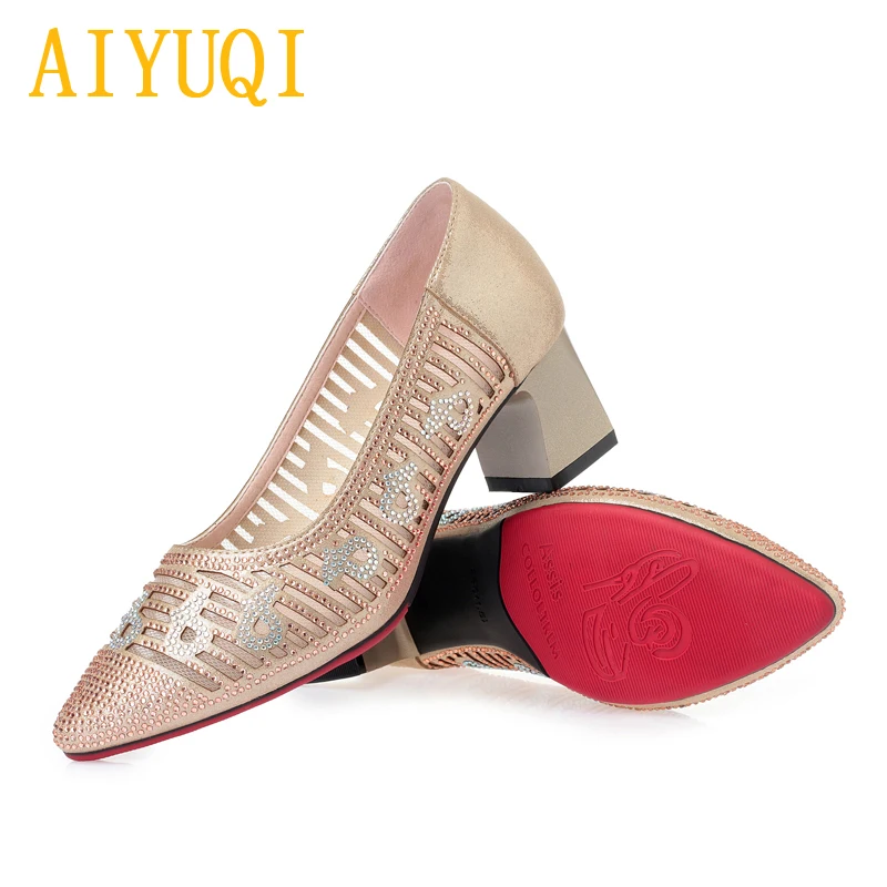 

AIYUQI summer shoes women 2019 spring new genuine leather women's shoes, pierced rhinestone pointed banquet fashion shoes women