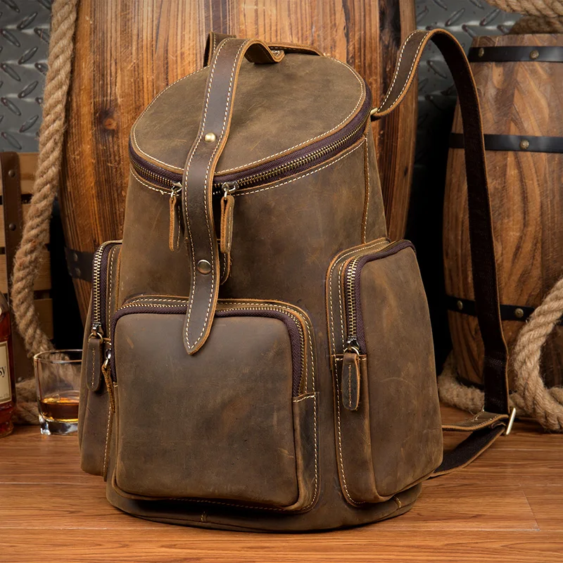 

Men Backpack 2019 Genuine Leather Designer Vintage Daypack Cowhide Barrel Shaped Travel Shoulder Bag Laptop Rucksack Bookbag