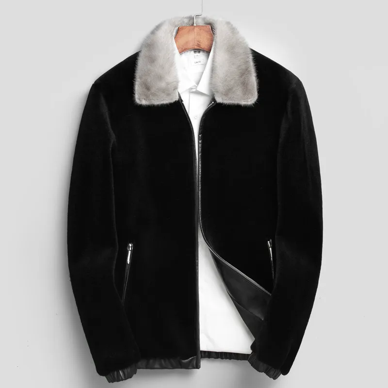 AYUNSUE, стрижка овец, зимнее пальто с натуральным мехом, мужское серое Норковое меховое пальто, короткая мужская кожаная куртка, шерстяное пальто размера плюс L17721 KJ829 - Цвет: Black