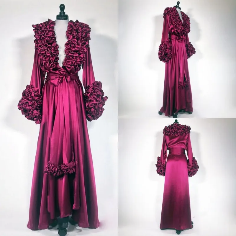 

Gorgeous Burgundy Night Robe Custom Made Silk Long Sleeve Tiered Ruffles Party Sleepwear Sexy Nightgowns Robes
