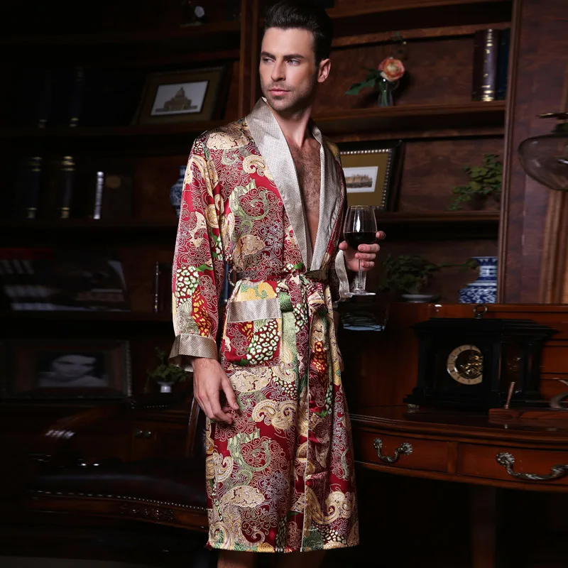 Genuine Silk Sleeping Robes Male Spring Summer Long-Sleeve Fashion Printed Bathrobe Kimono Silkworm Silk Men's Sleepwear Y2519