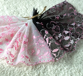 

5 yard 17cm 6.69" wide black/pink mesh embroidery lace trim ribbon L22SK426 free ship
