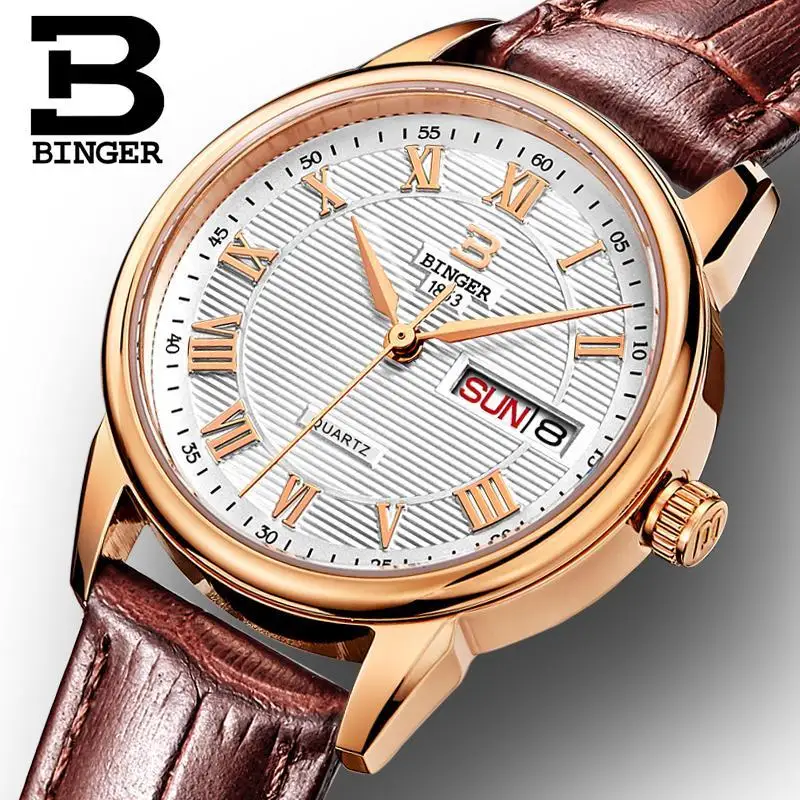 Switzerland Binger женские роскошные модные часы ультратонкие кварцевые Авто Дата Кожаный ремешок наручные часы B3037G-12