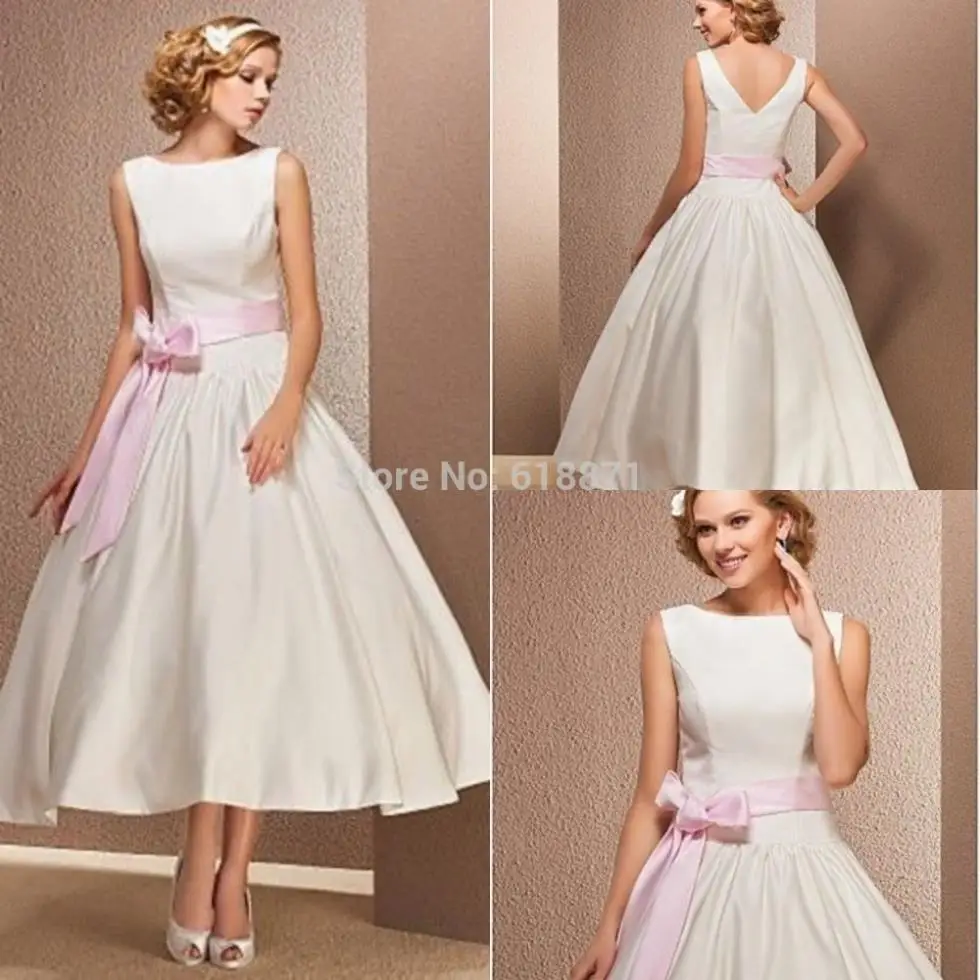 Simple Satin Wedding Dresses With Pink Sashes High Neck Tea Length