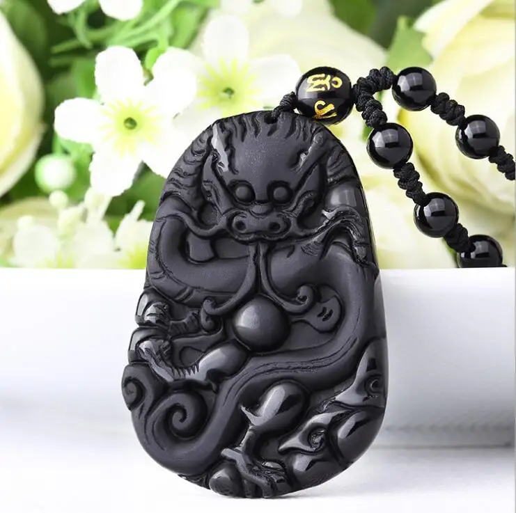 

natural Obsidian Hand carved Chinese dragon good luck charm pendant necklace