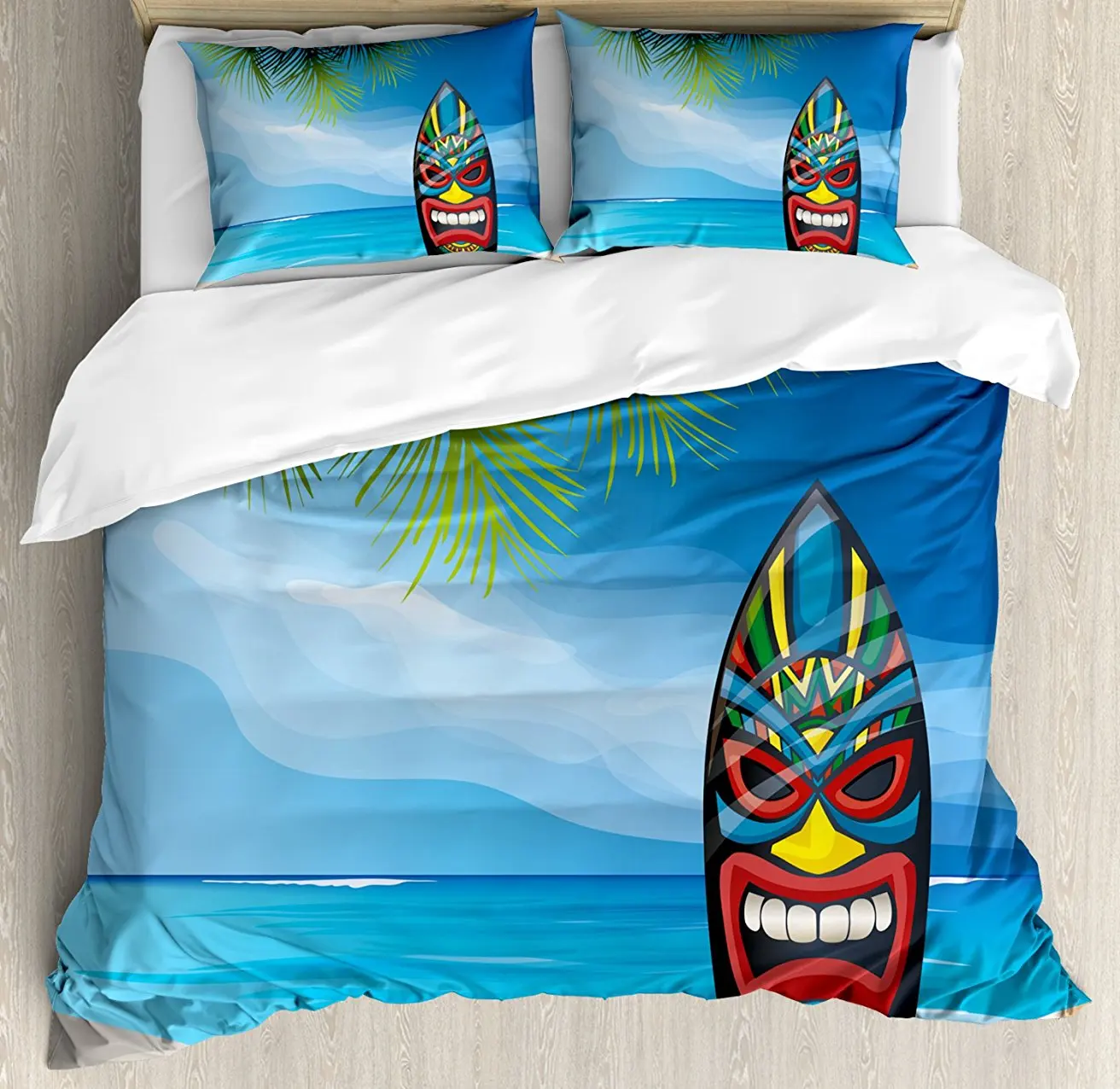 

Duvet Cover Set, Tiki Warrior Mask Design Surfboard on Ocean Beach Abstract Landscape Surf, 4 Piece Bedding Set