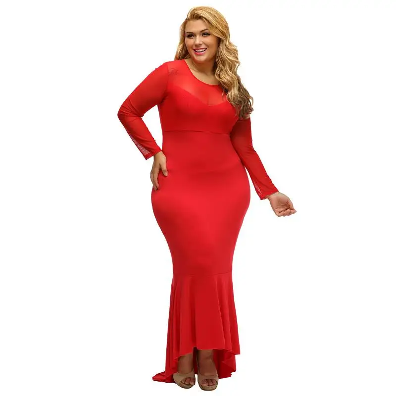 SEBOWEL Pluz Size Long Sleeve Women Bodycon Maxi Party Dress Hi-low Hem Mermaid Oversize Dresses BlackRed XL-XXXL (9)